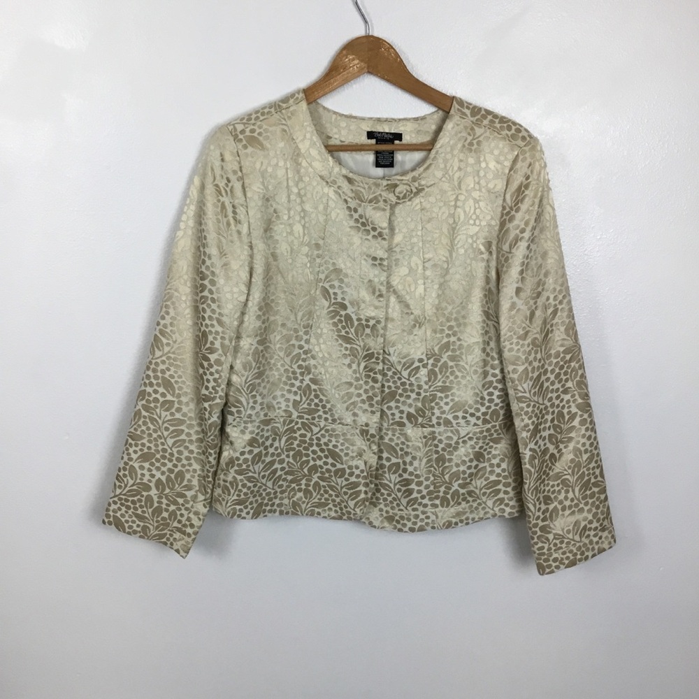 BOB MACKIE Creamy Gold Botanic Polka Dots Print Peplum Jacket Size 14 - Picture 3 of 12